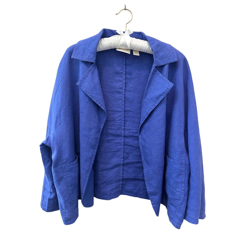CHICO’S 100% Linen Open Front Jacket Blazer Cobalt Blue Resort | Size 2 Large